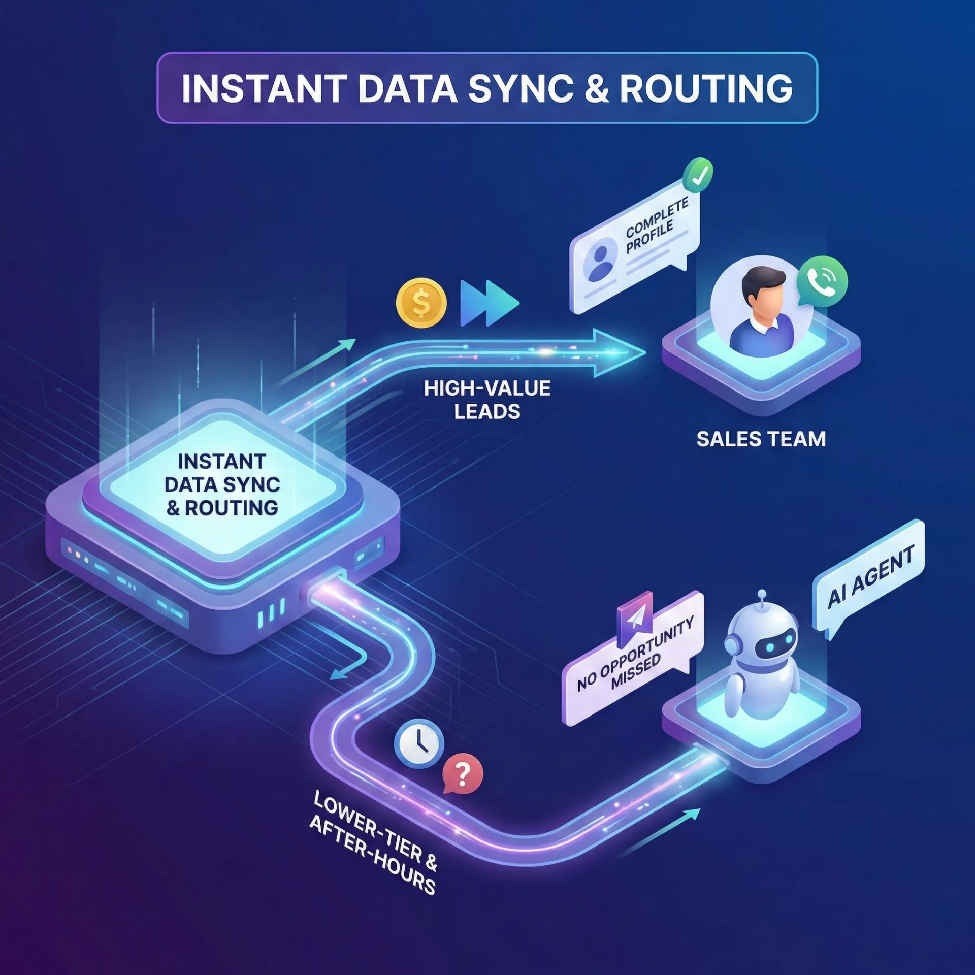 Diagram showing instant data sync and routing splitting leads into high-value leads routed to sales team and lower-tier leads routed to AI agent for no missed opportunity.