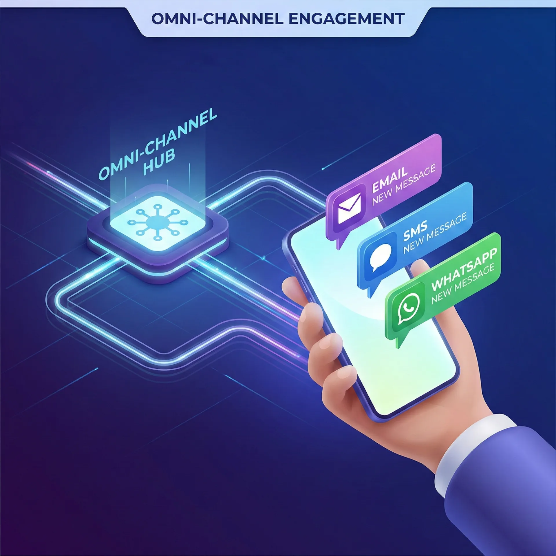 Illustration showing a hand holding a smartphone with notifications for new email, SMS, and WhatsApp messages connected to an omni-channel hub.